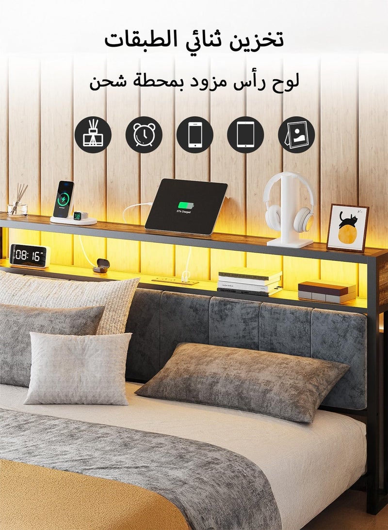 يانارا سرير بمقاس كوين/كينج مع رأس سرير ذي رفين تخزينيين، منصة سرير مع محطة شحن، إضاءة LED، لا حاجة لصندوق زنبرك، خالٍ من الضوضاء، 160سم×200سم/180سم×200سم - Image 3